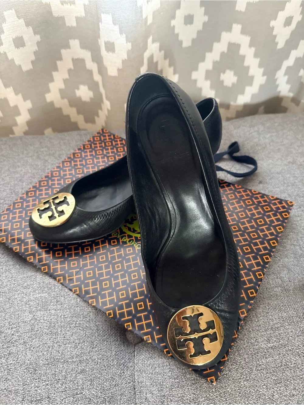 Tory Burch Black Leather Platforms with Gold Medallion